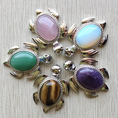 High Quality Mixed Natural Stone Alloy Turtle Pendants - 5pcs Wholesale for Necklace Jewelry Making