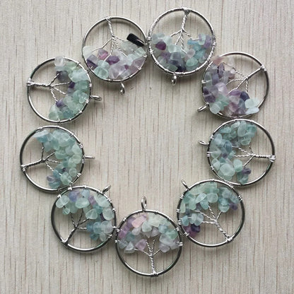 Fashion Natural Fluorite Stone Tree of Life Pendants - Colorful Handmade Wire Wrapped 30mm - 12pcs Wholesale for Jewelry Making