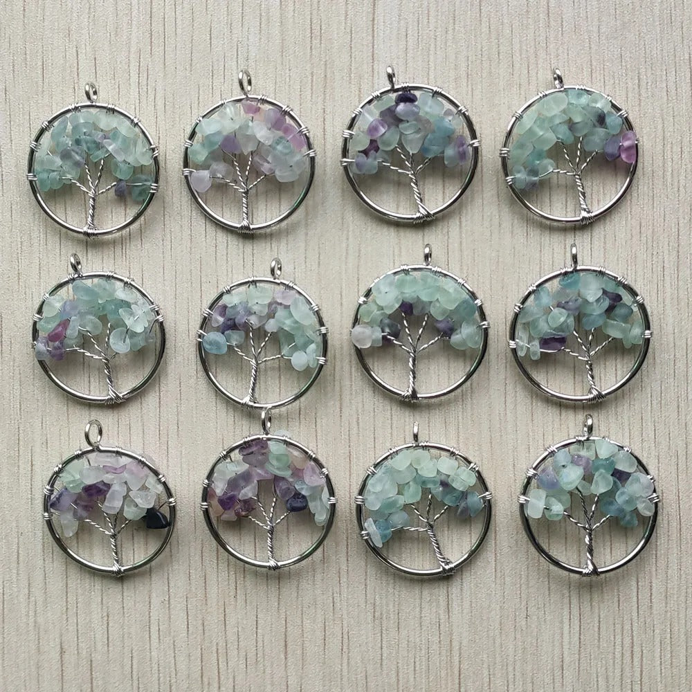 Fashion Natural Fluorite Stone Tree of Life Pendants - Colorful Handmade Wire Wrapped 30mm - 12pcs Wholesale for Jewelry Making