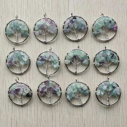 Fashion Natural Fluorite Stone Tree of Life Pendants - Colorful Handmade Wire Wrapped 30mm - 12pcs Wholesale for Jewelry Making