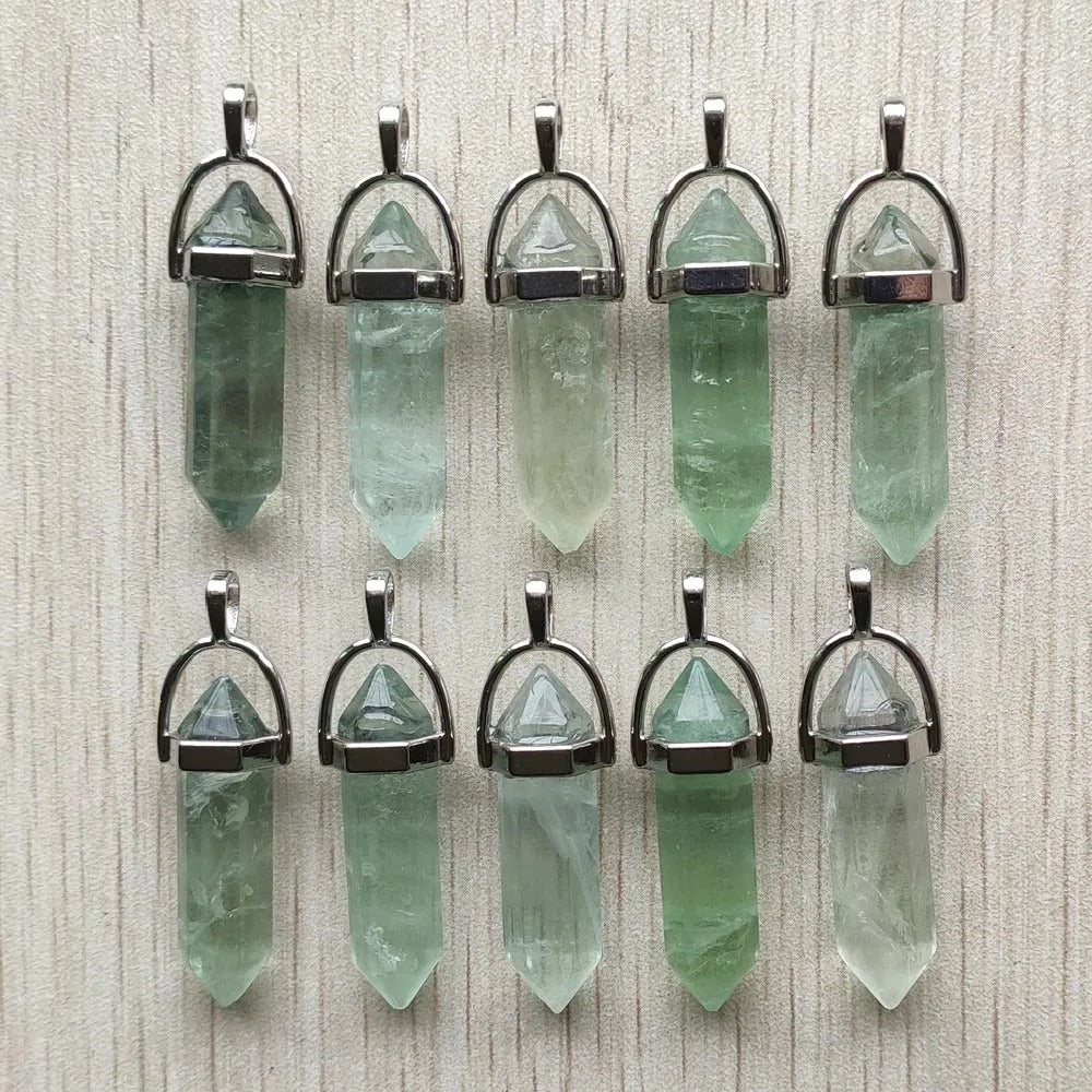 "Beautiful Natural Green Fluorite Pillar Charms Pendants - High Quality DIY Necklace Jewelry Making - 24pcs Wholesale - Fast Shipping"