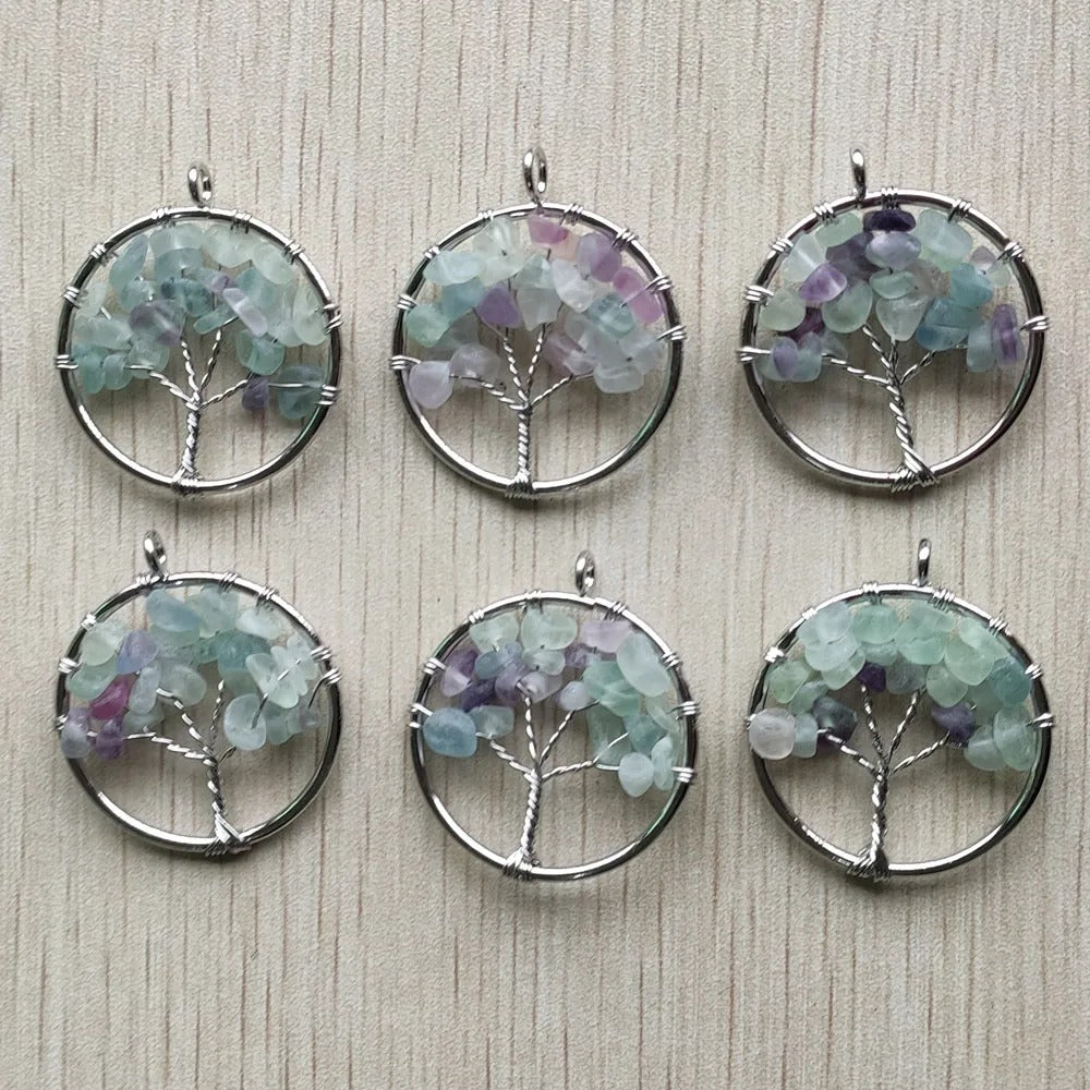 Fashion Natural Fluorite Stone Tree of Life Pendants - Colorful Handmade Wire Wrapped 30mm - 12pcs Wholesale for Jewelry Making