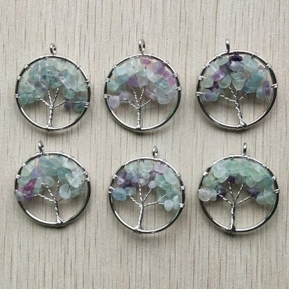 Fashion Natural Fluorite Stone Tree of Life Pendants - Colorful Handmade Wire Wrapped 30mm - 12pcs Wholesale for Jewelry Making