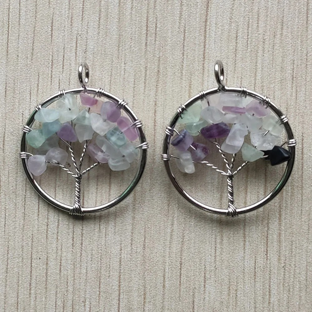 Fashion Natural Fluorite Stone Tree of Life Pendants - Colorful Handmade Wire Wrapped 30mm - 12pcs Wholesale for Jewelry Making