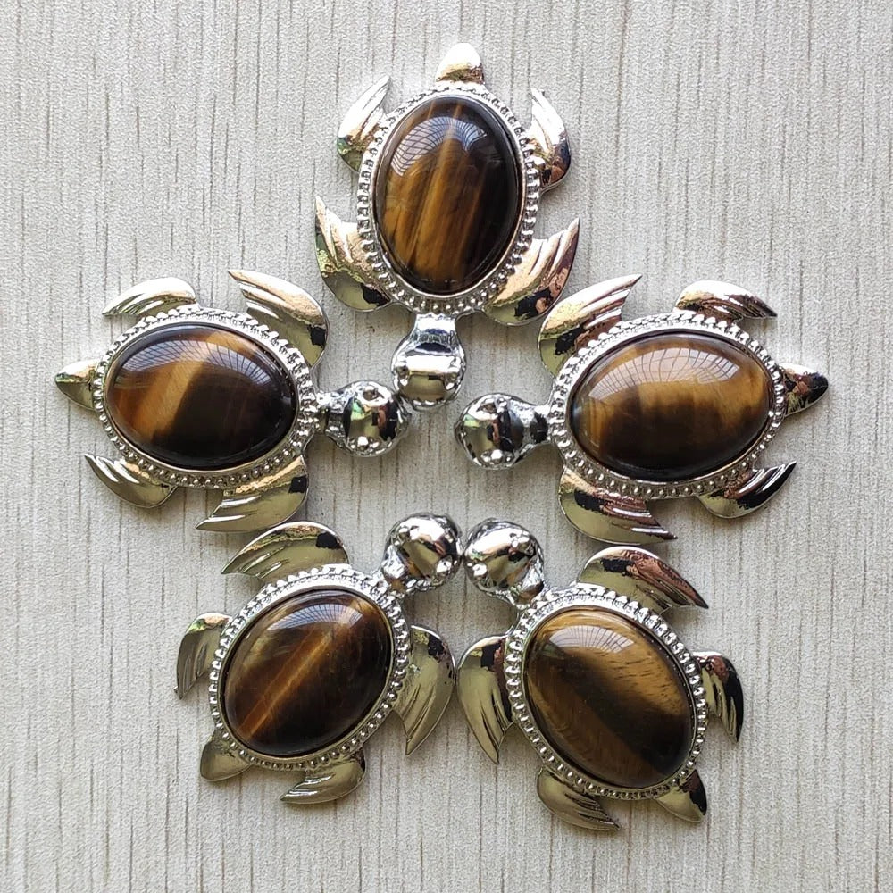 High Quality Mixed Natural Stone Alloy Turtle Pendants - 5pcs Wholesale for Necklace Jewelry Making